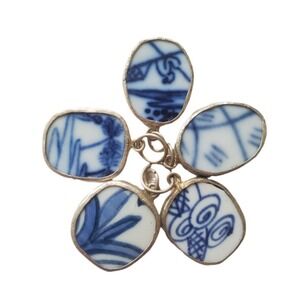 Set of 5 Vintage Blue & White Pottery Shard Charms Broken China Jewelry Pendants